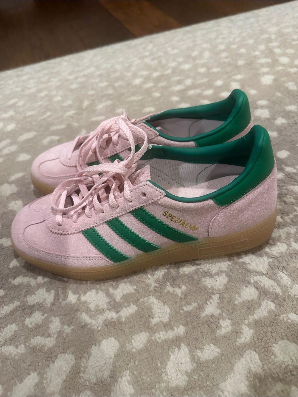 adidas Pink Suede Sneakers with Green Stripes